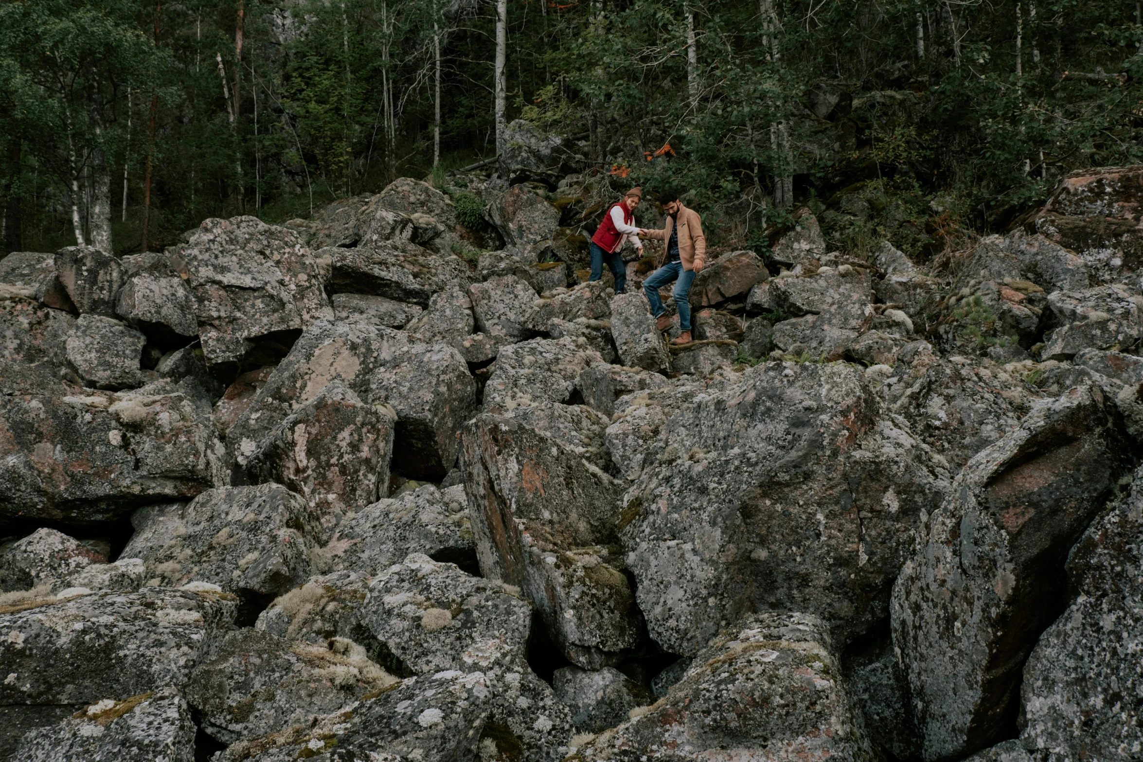 some people are sitting on large rocks in the woods