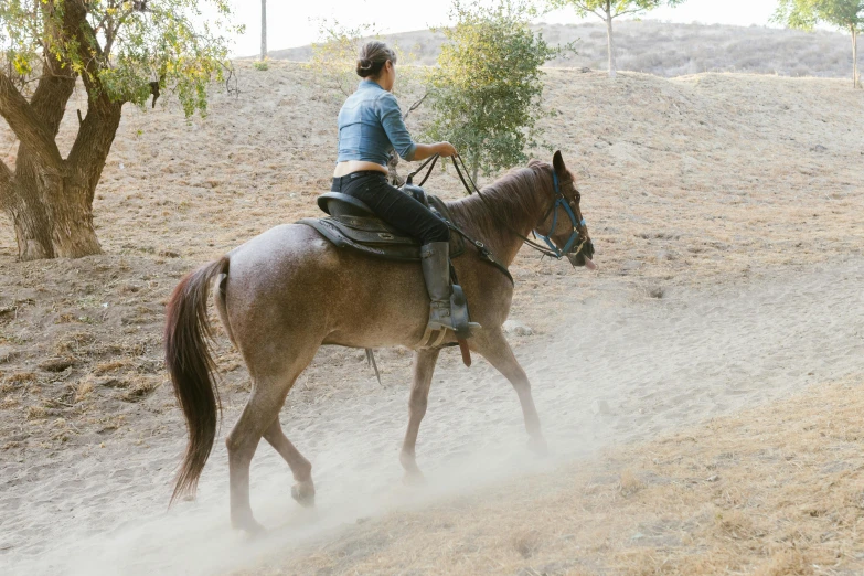 the person is riding the horse by himself