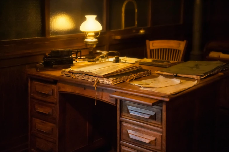 a wooden desk with a lamp next to it