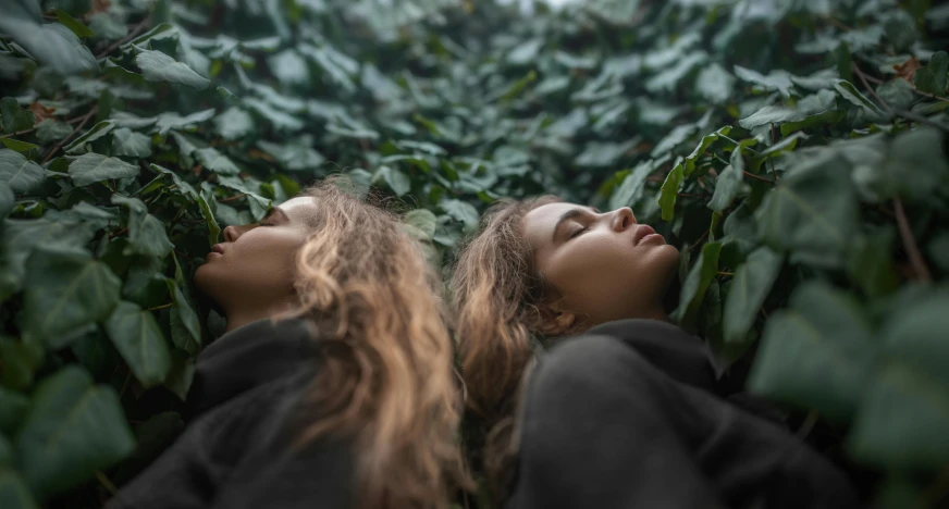 two women lie in the middle of a field with a plant