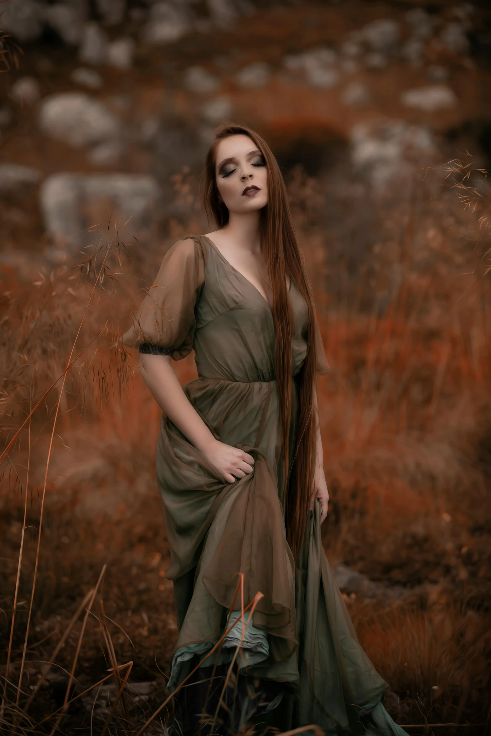 an oriental girl with long hair wearing green in an abandoned field