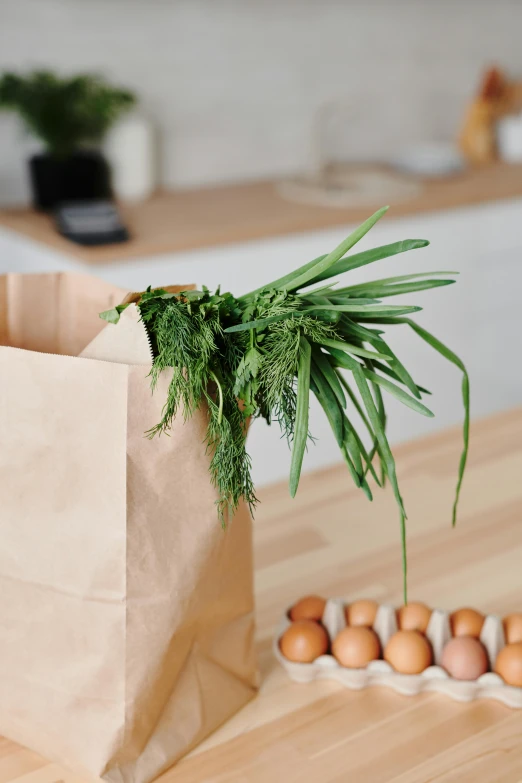 a paper bag full of green plants and eggs