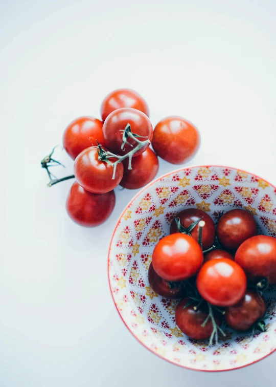 some tomatoes are sitting in a small bowl