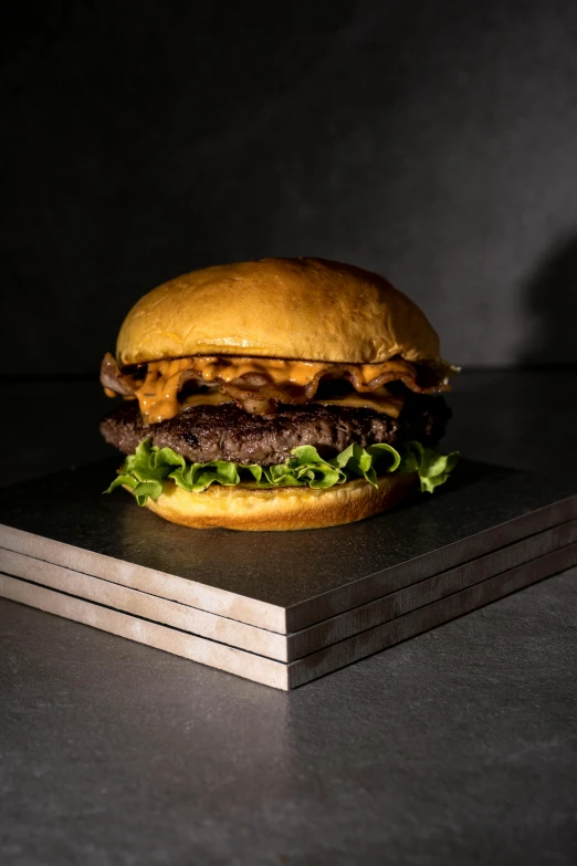 a hamburger sitting on top of a book