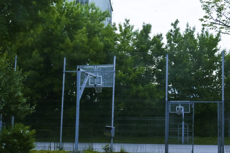 two basketball courts, some trees and one has the hoop on it