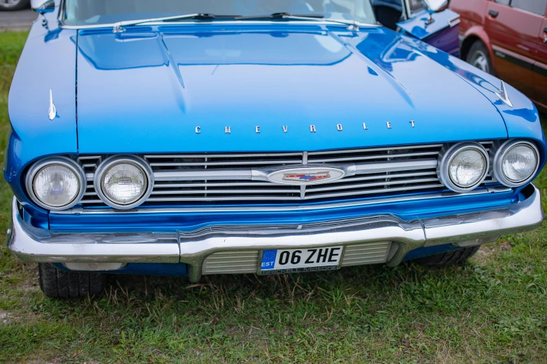 a very blue car parked on the grass