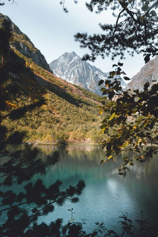 a lake surrounded by trees and mountains in the distance