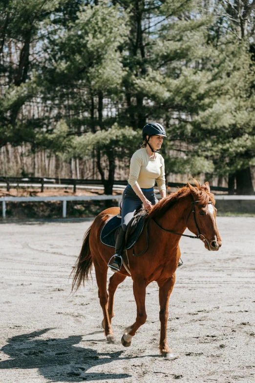 a woman riding a horse on a field near some trees