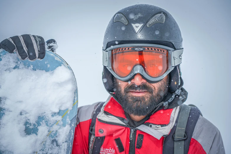 a snowboarder with a beard and goggles