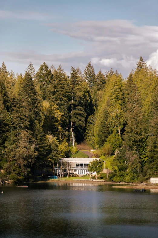 there is a house near the water on the land