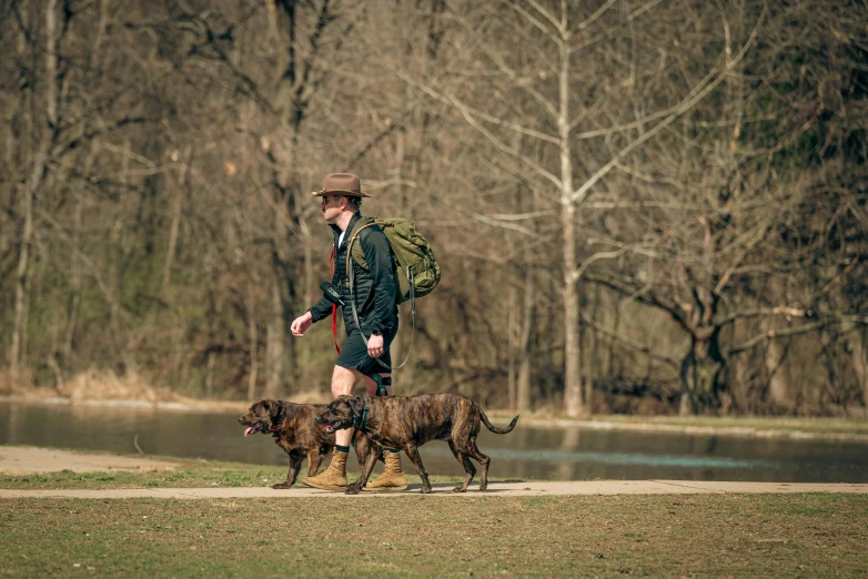 a man wearing a hat, jacket and two dogs walking on a path in the grass