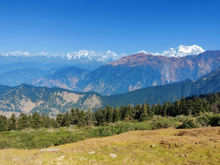 a mountainous view with a trail in the foreground