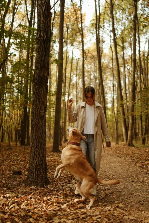 a woman walking with a dog in a forest