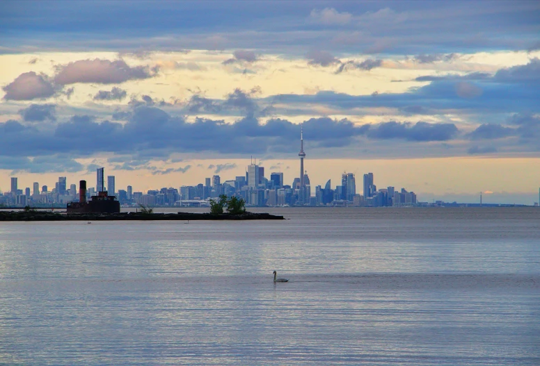 a large body of water with buildings in the background