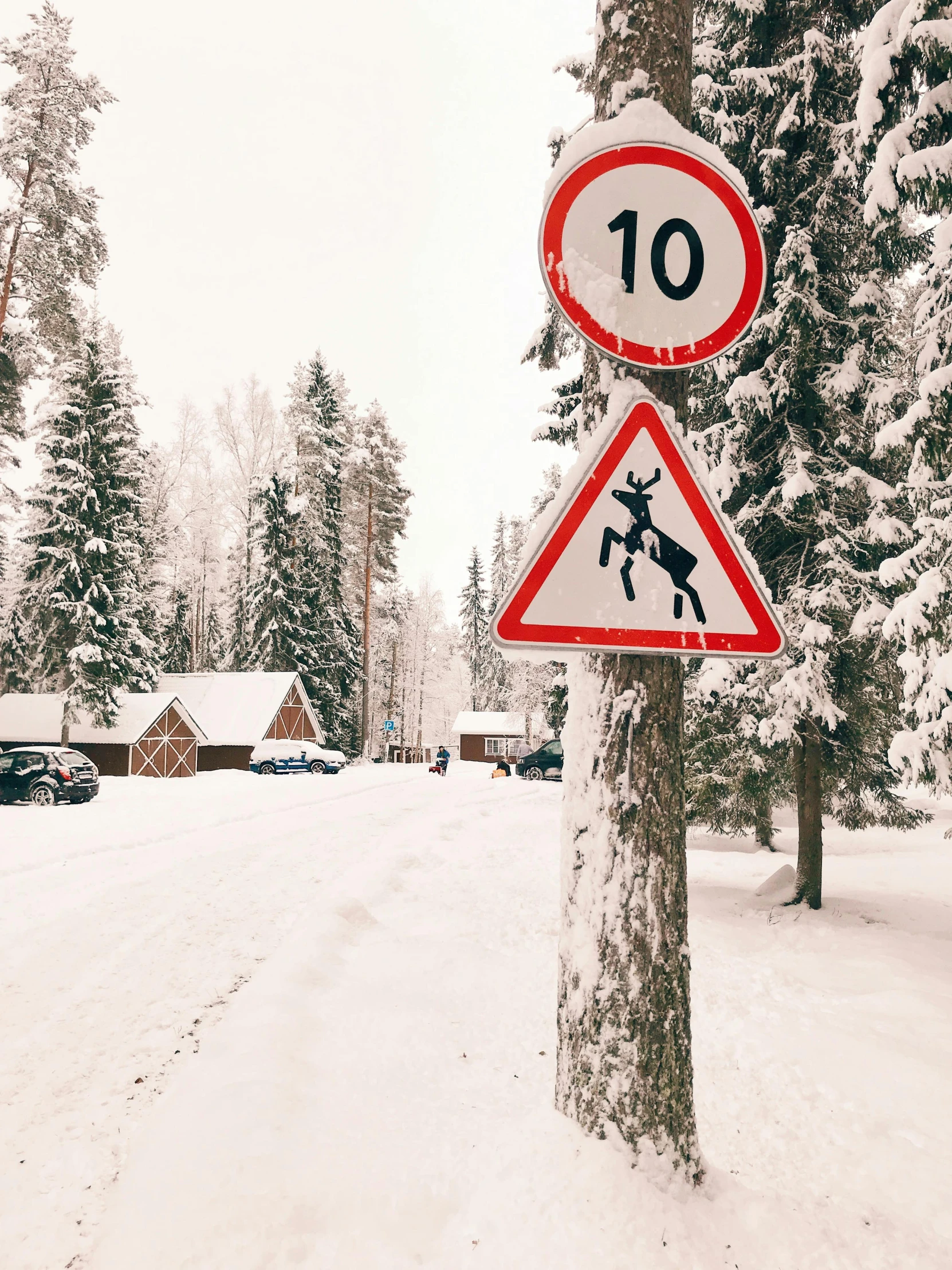 a couple of road signs sit on the side of a snow covered street