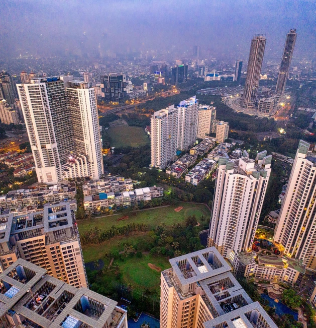 aerial view of some big buildings in the city