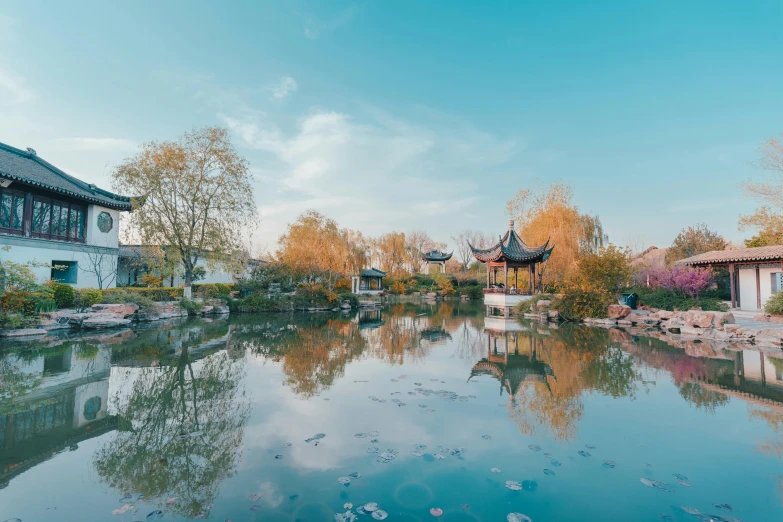 the view of a water pond with houses and trees