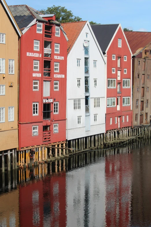 row of different houses next to a body of water