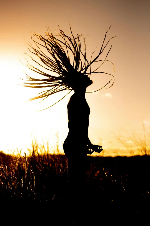 a silhouette of a person in the grass with long hair