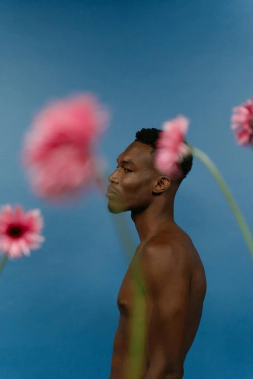 the image shows a man with pink flowers in the background