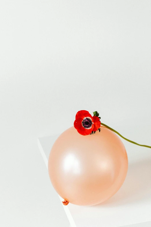 an orange balloon and a red flower in a vase