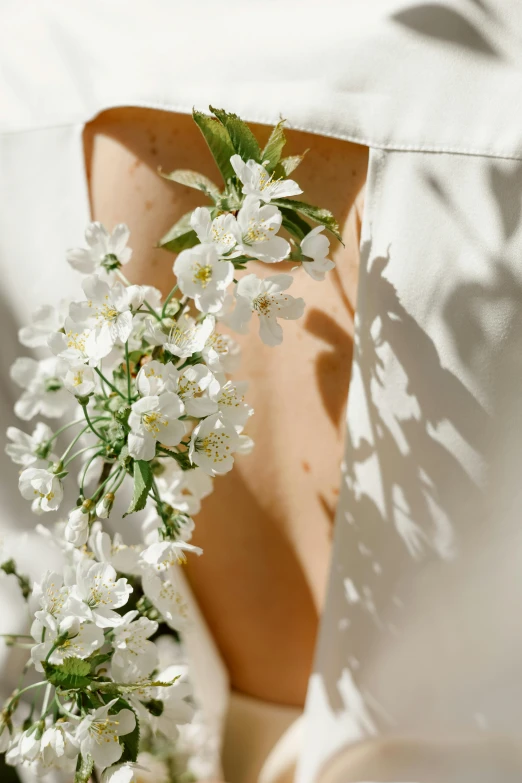 white flowers are sitting in the shade on a white cloth