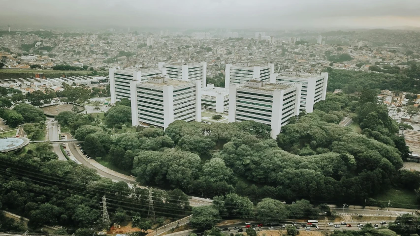 high rise apartment buildings sit in a green city