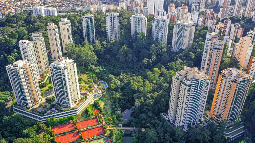 an aerial view of a city with buildings