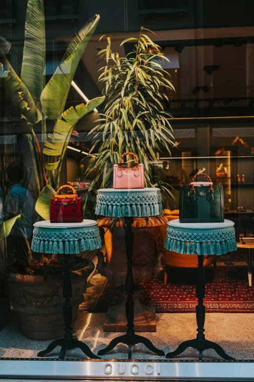 a display of colorful purses and plants in a window