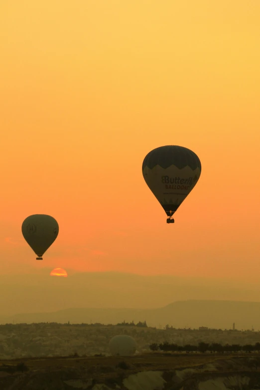 three balloons flying in the sky over a plain