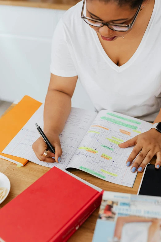 a woman sitting at a table and doing a business work