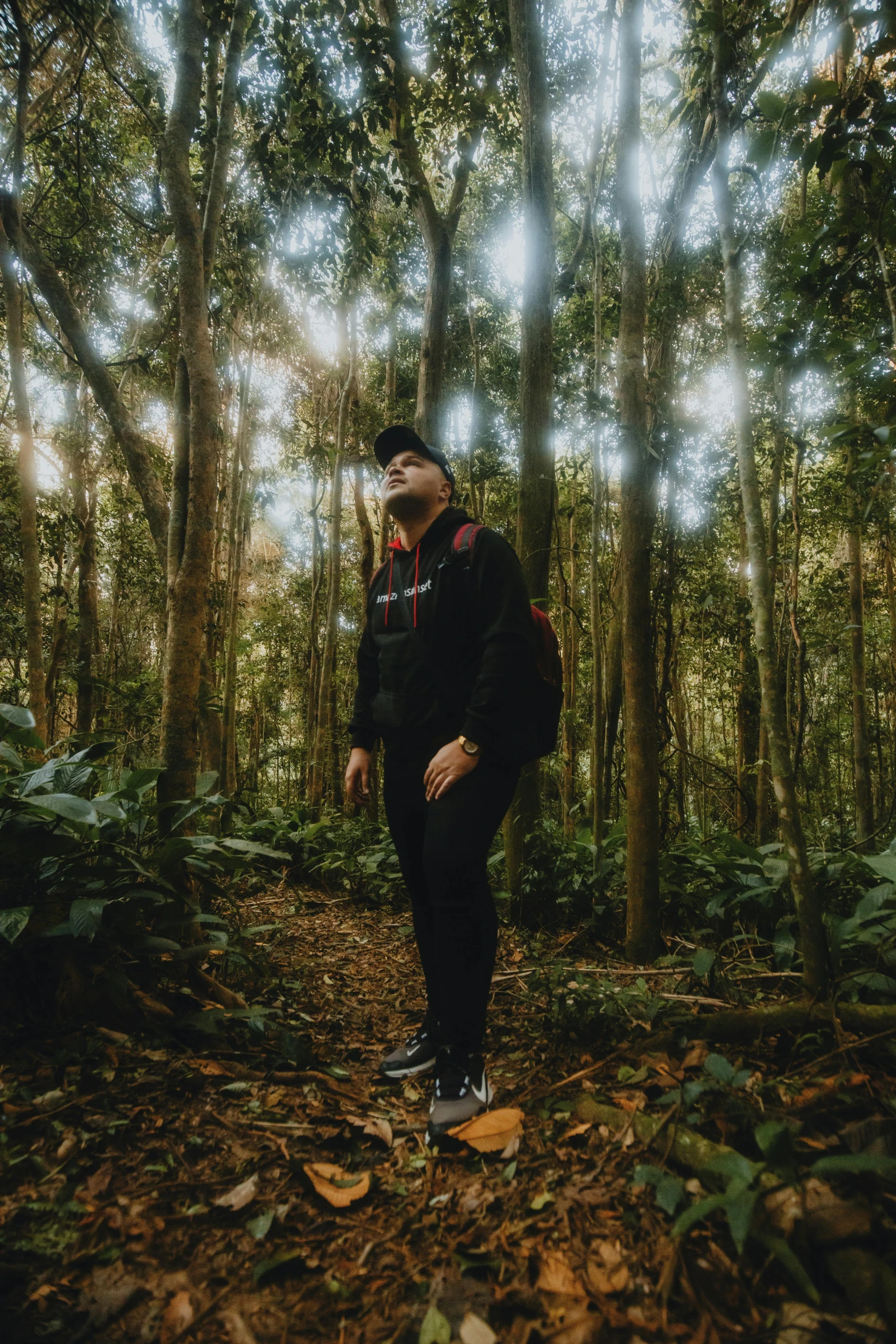 a man is standing in the middle of a forest