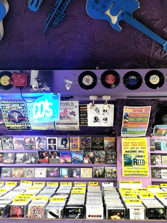 various electronic records and musical equipment on display