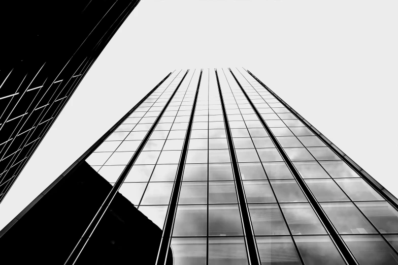 black and white pograph of the chicago skyscr from below