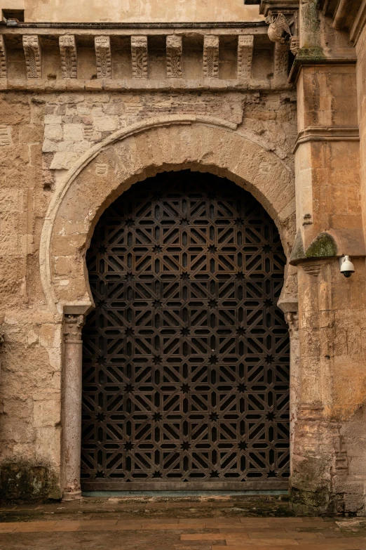 a door inside of a building with a street lamp