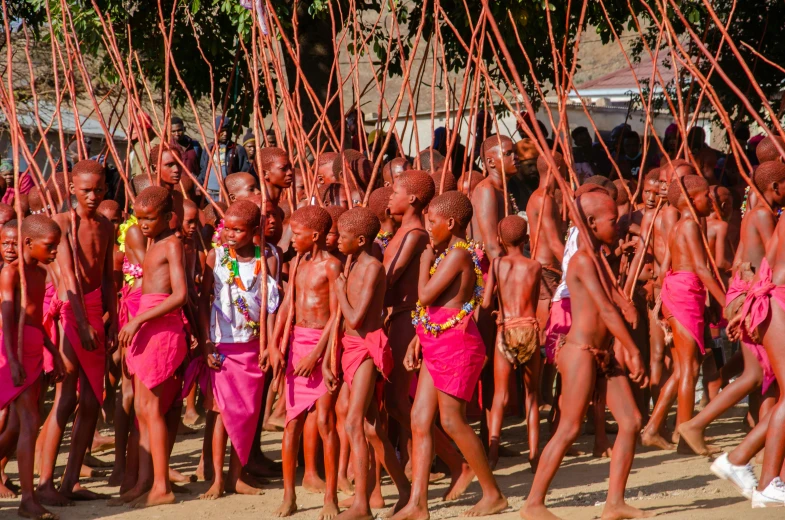 group of people in pink dresses walking through a field