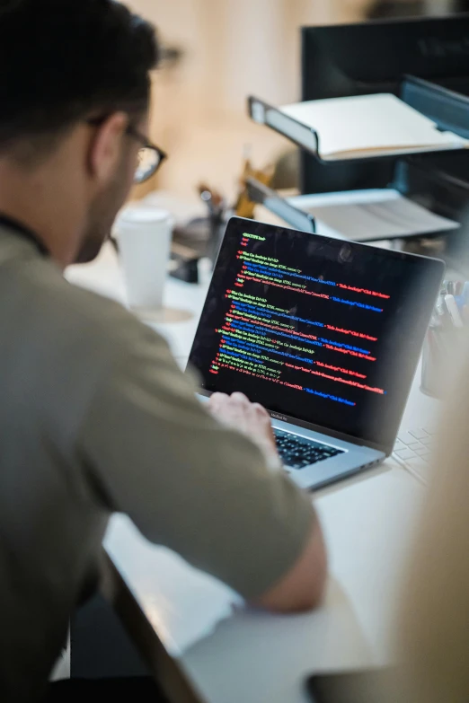 the man is looking at the computer program on his laptop