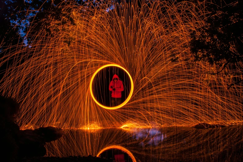 the image has fireworks on it as well as a figure