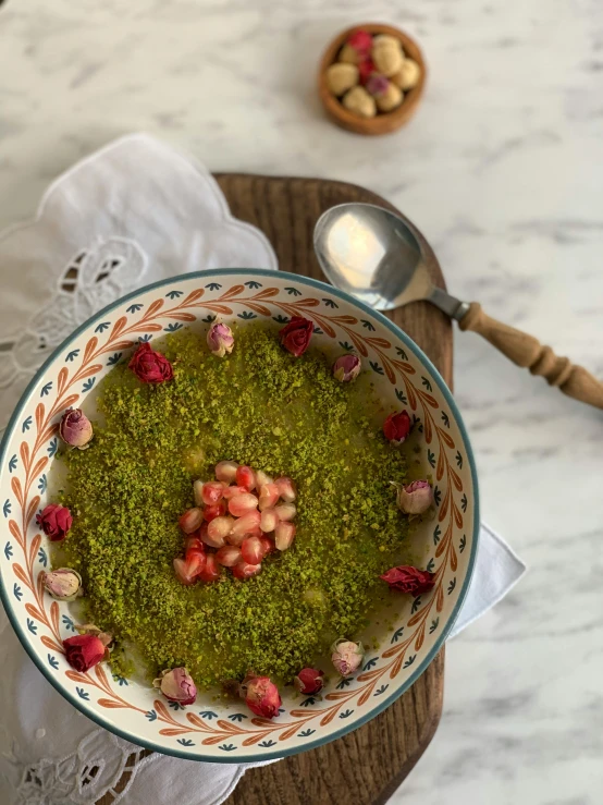 a bowl with some food in it on a table