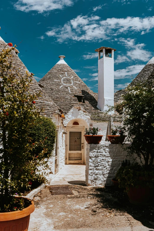 a house with stone walls and windows with potted plants