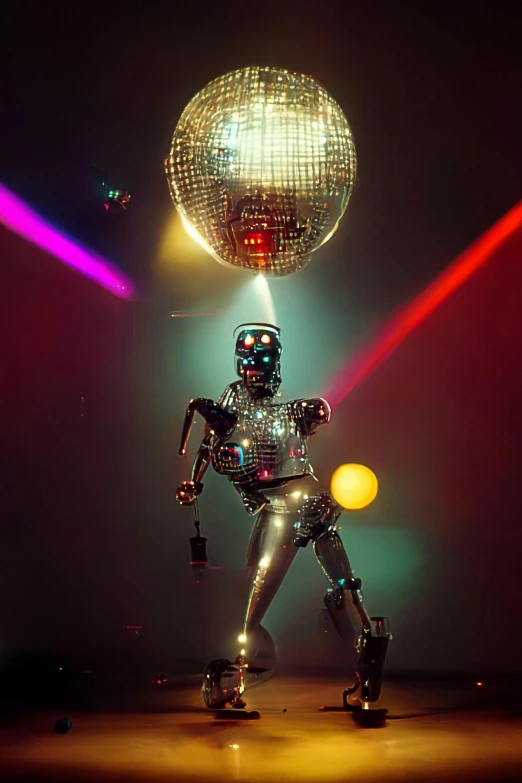 the robot dance moves around a disco ball