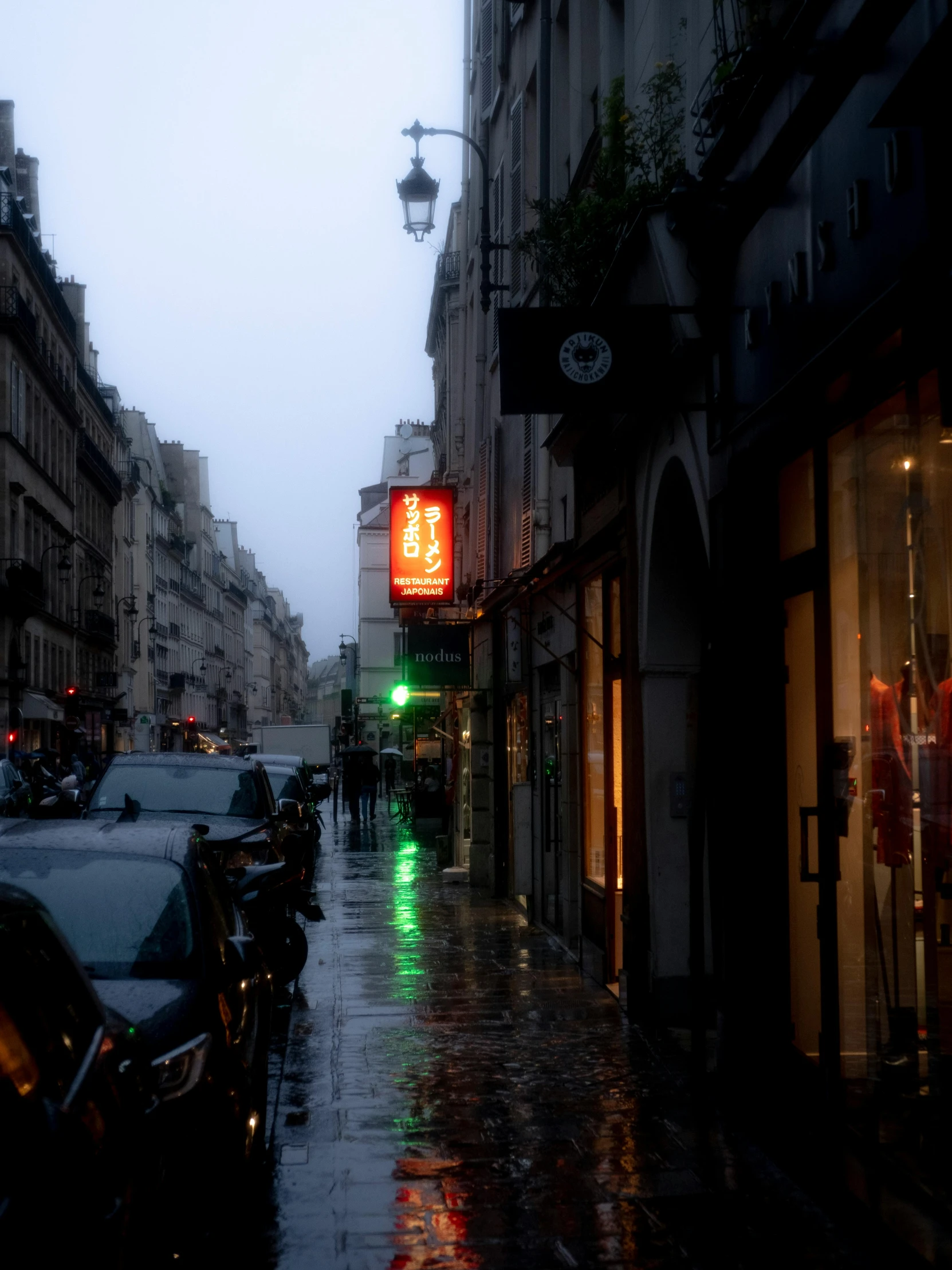 a city street with a traffic light on the rain