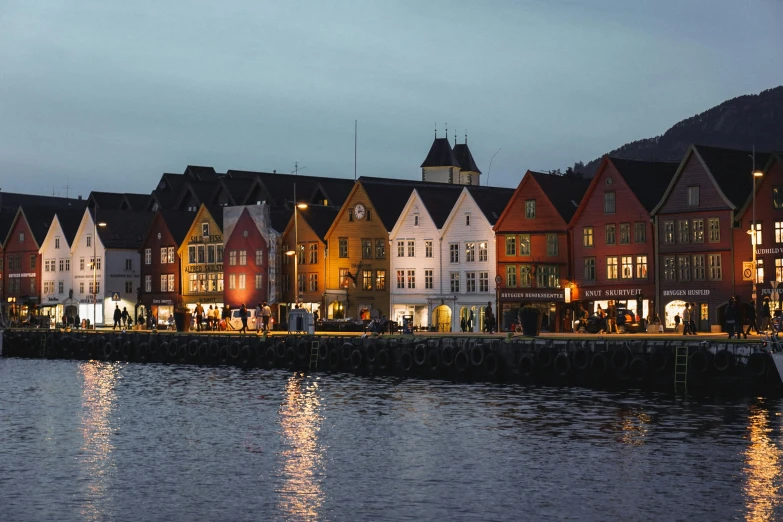 night view of houses along river side with lights on