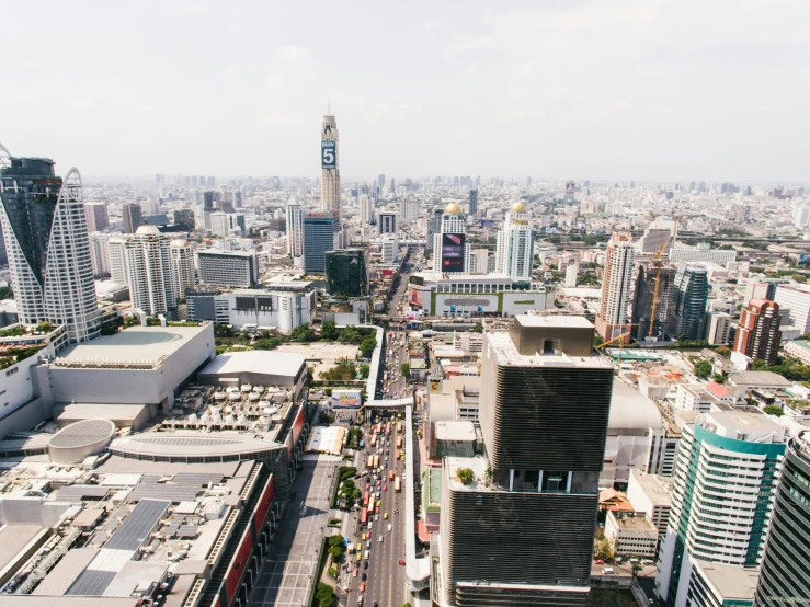 a view from the air, looking at buildings and roads