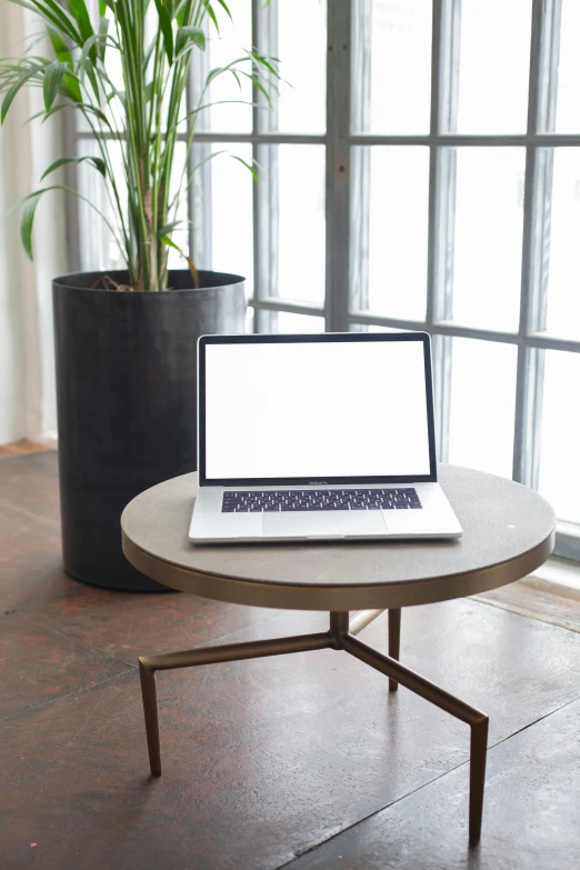 a laptop sitting on top of a white table next to a plant