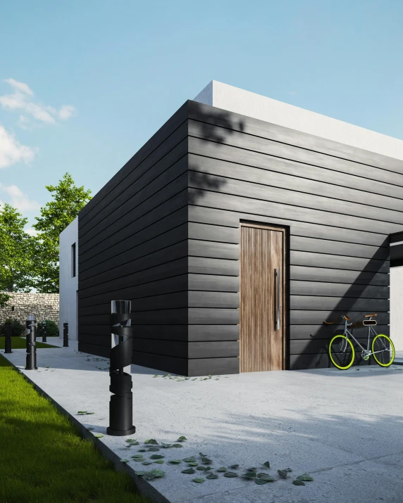 an architectural rendering of a bicycle parked in front of a garage