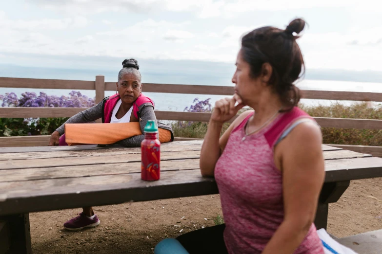 a woman sitting on a picnic table talking to another woman