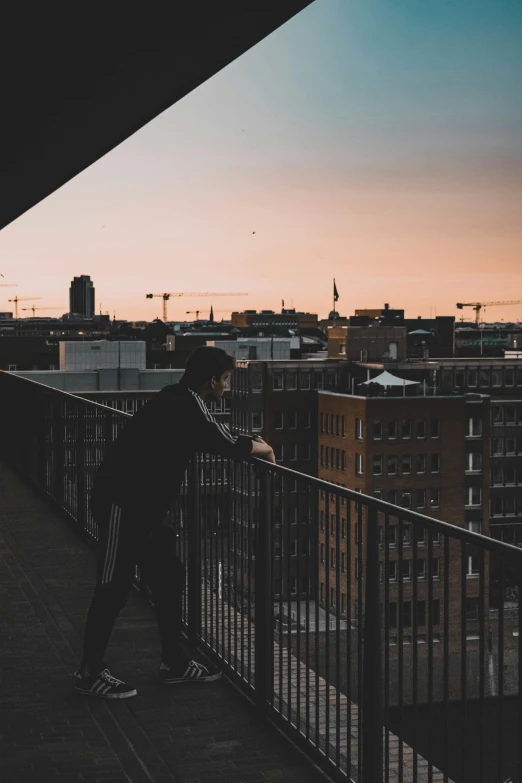 a person standing on a balcony looking at the skyline
