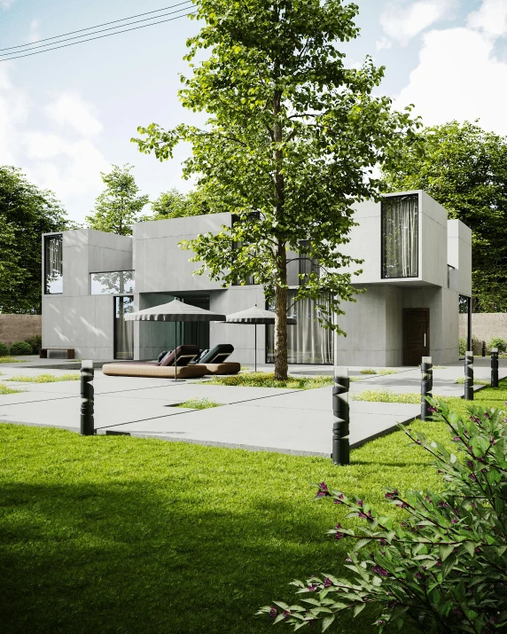 an architectural rendering of a building at the edge of trees