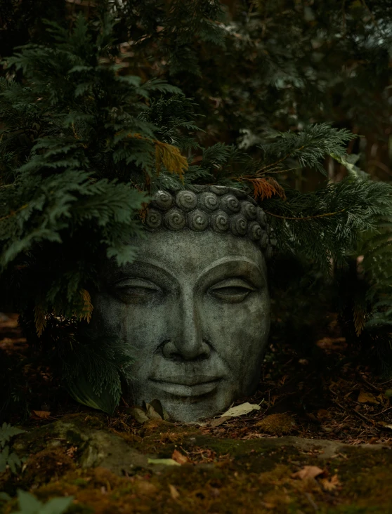 a stone statue of a buddha among trees